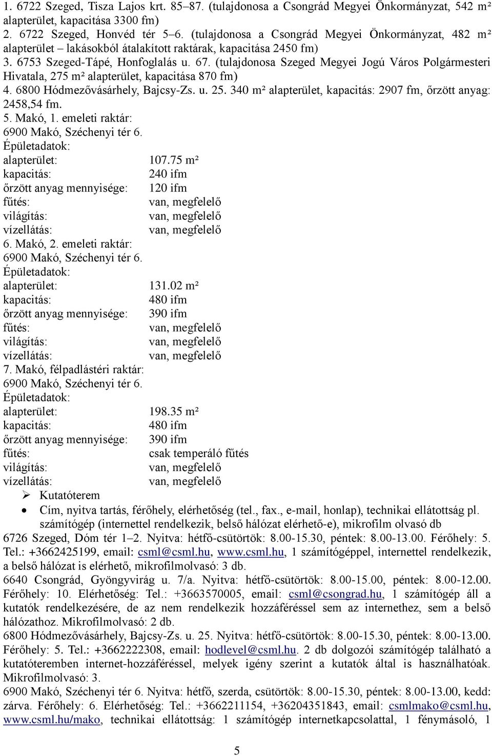 3 Szeged-Tápé, Honfoglalás u. 67. (tulajdonosa Szeged Megyei Jogú Város Polgármesteri Hivatala, 275 m² alapterület, kapacitása 870 fm) 4. 6800 Hódmezővásárhely, Bajcsy-Zs. u. 25.