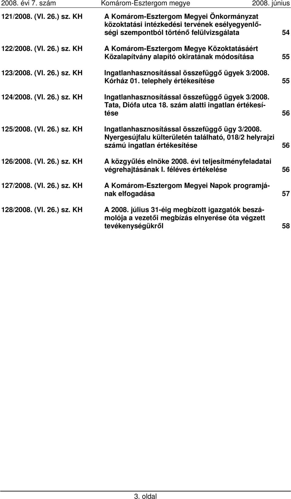 szám alatti ingatlan értékesítése 56 125/2008. (VI. 26.) sz. KH Ingatlanhasznosítással összefüggı ügy 3/2008.