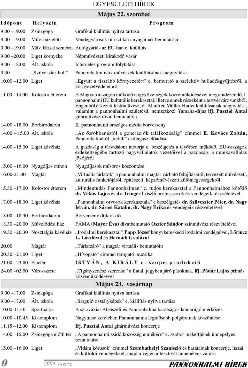 iskola Internetes program folytatása 9.30 Szilveszter-bolt Pannonhalmi naiv mûvészek kiállításának megnyitása 10.00 12.00 Liget Együtt a tisztább környezetért c.