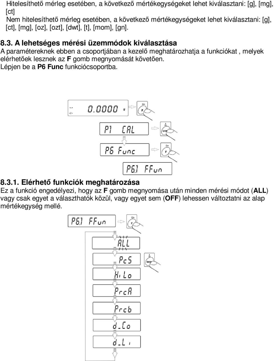 A lehetséges mérési üzemmódok kiválasztása A paramétereknek ebben a csoportjában a kezelő meghatározhatja a funkciókat, melyek elérhetőek lesznek az F gomb megnyomását