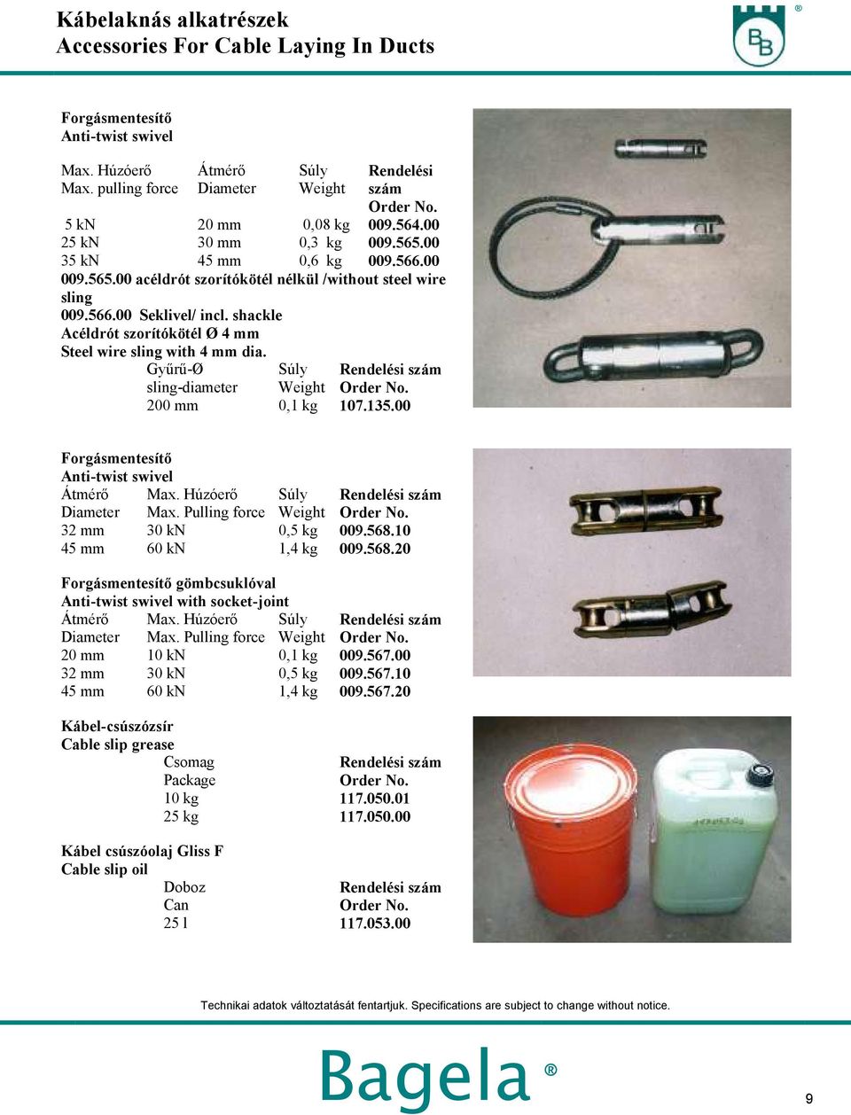 Gyűrű-Ø sling-diameter 200 0,1 kg 107.135.00 Forgásmentesítő Anti-twist swivel Max. Húzóerő Max. Pulling force 32 30 kn 0,5 kg 009.568.