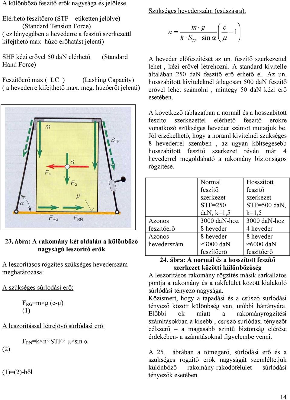 húzóerőt jelenti) Szükséges hevederszám (csúszásra): m g c n = 1 k STF sinα μ A heveder előfeszítését az un. feszítő szerkezettel lehet, kézi erővel létrehozni.