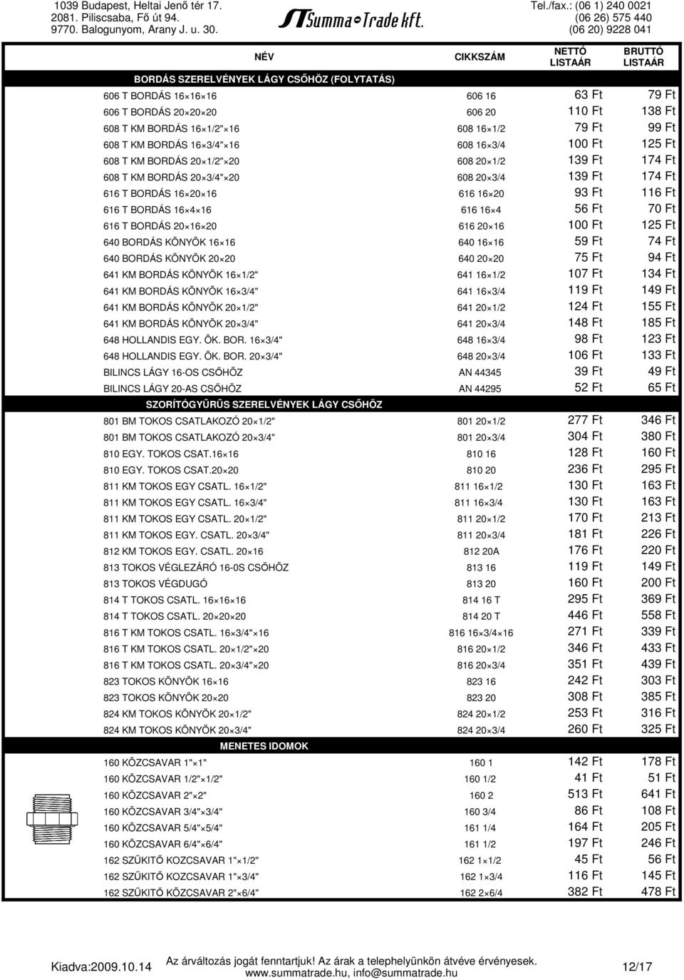 16 616 16 4 56 Ft 70 Ft 616 T BORDÁS 20 16 20 616 20 16 100 Ft 125 Ft 640 BORDÁS KÖNYÖK 16 16 640 16 16 59 Ft 74 Ft 640 BORDÁS KÖNYÖK 20 20 640 20 20 75 Ft 94 Ft 641 KM BORDÁS KÖNYÖK 16 1/2" 641 16