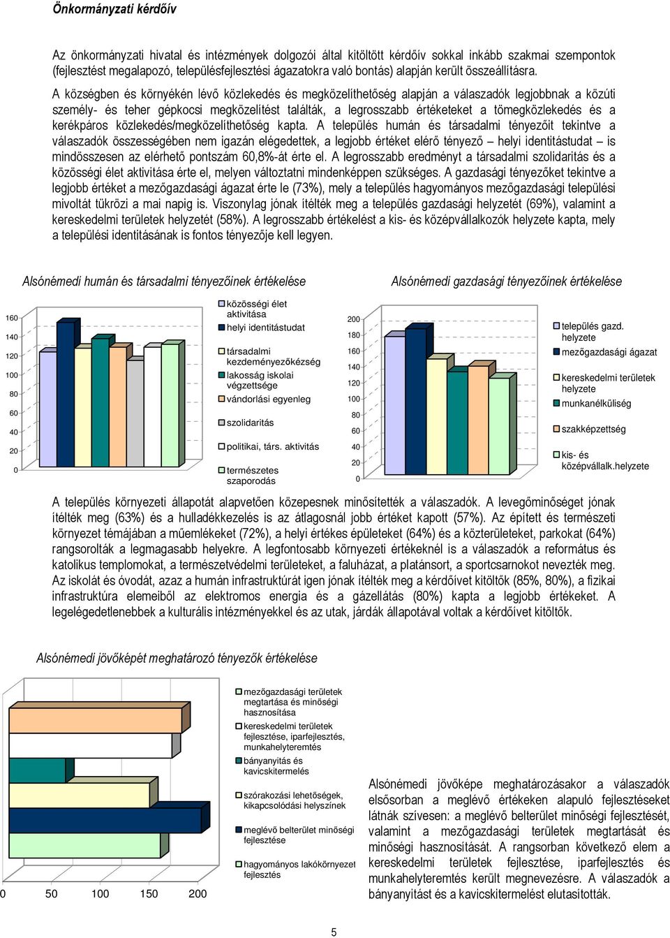 A községben és környékén lévı közlekedés és megközelíthetıség alapján a válaszadók legjobbnak a közúti személy- és teher gépkocsi megközelítést találták, a legrosszabb értéketeket a tömegközlekedés