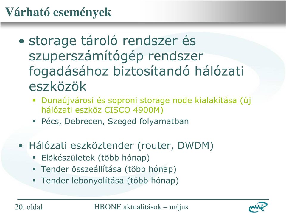 Pécs, Debrecen, Szeged folyamatban Hálózati eszköztender (router, DWDM) Előkészületek (több