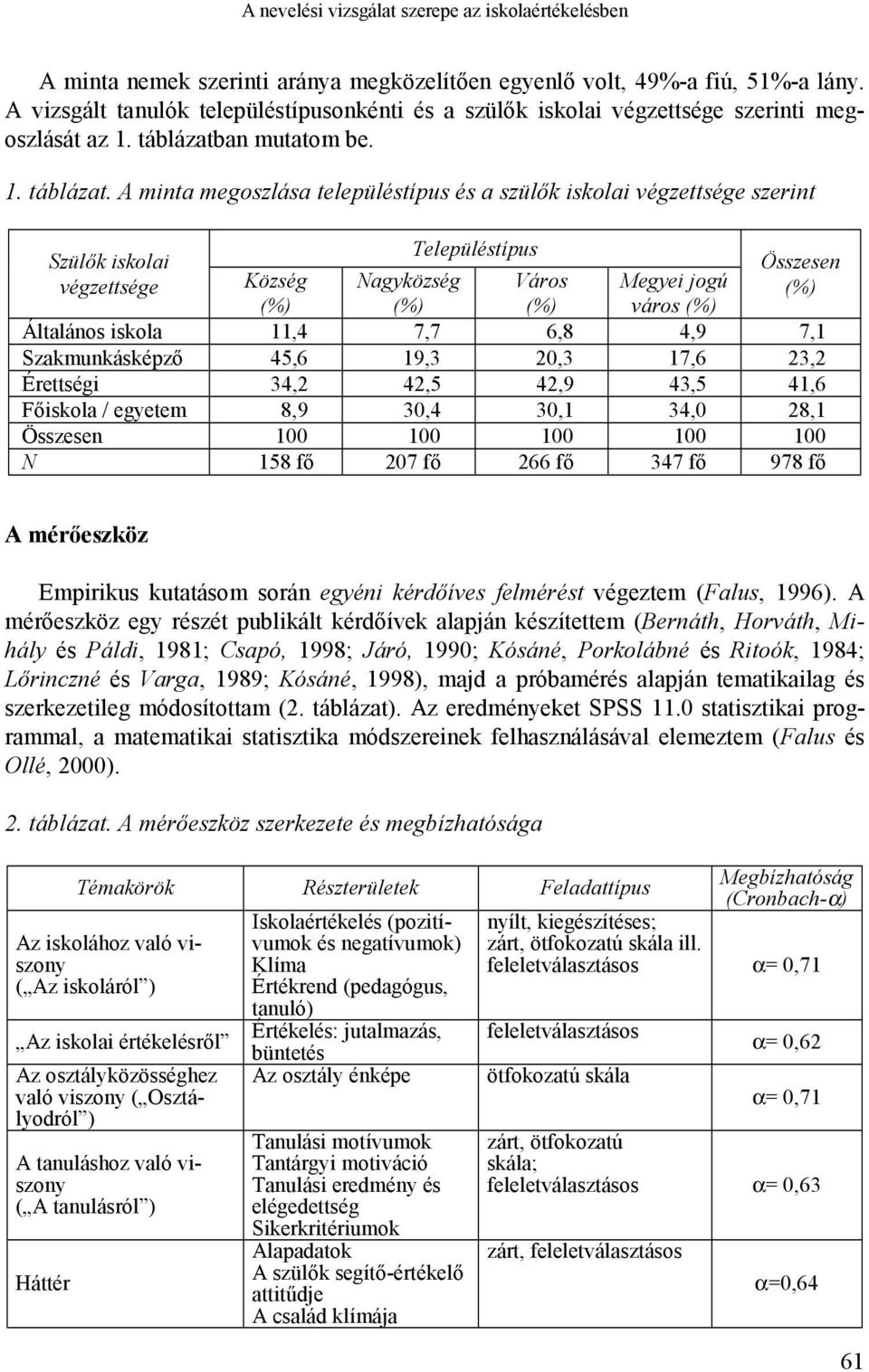 an mutatom be. 1. táblázat.