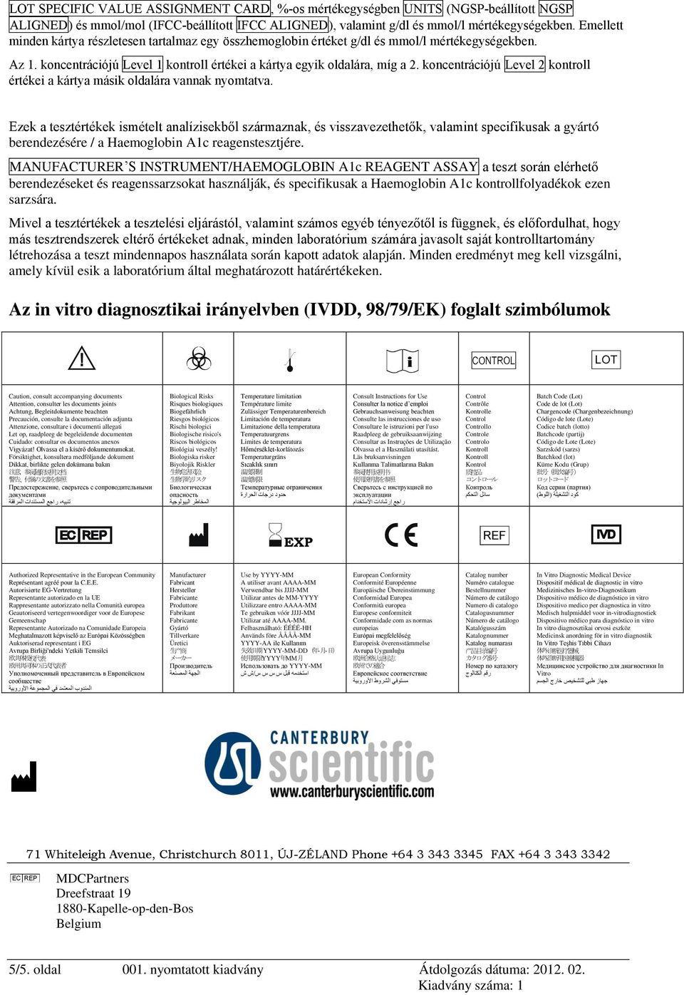 koncentrációjú Level 2 kontroll értékei a kártya másik oldalára vannak nyomtatva.