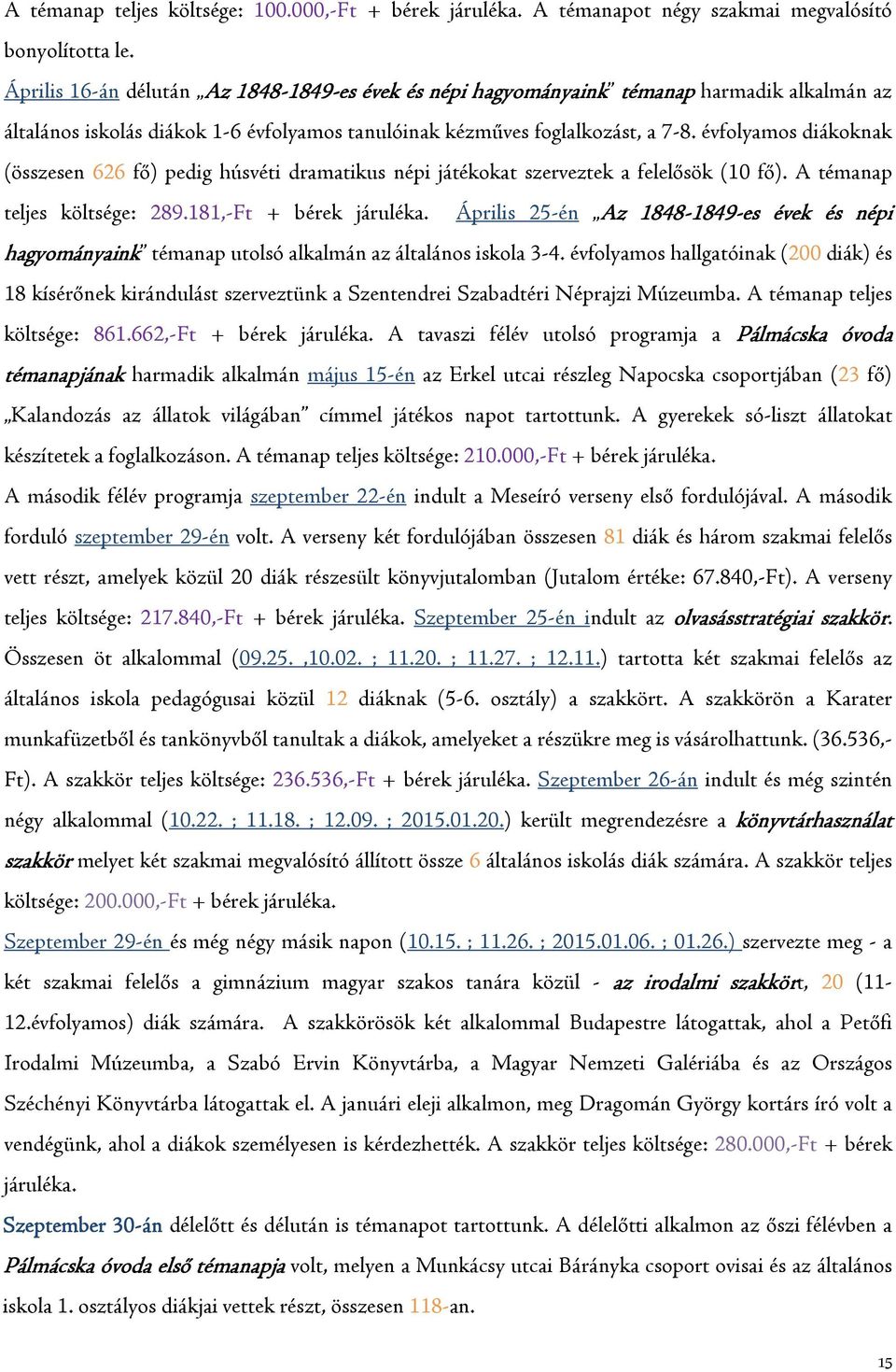 évfolyamos diákoknak (összesen 626 fő) pedig húsvéti dramatikus népi játékokat szerveztek a felelősök (10 fő). A témanap teljes költsége: 289.181,-Ft + bérek járuléka.