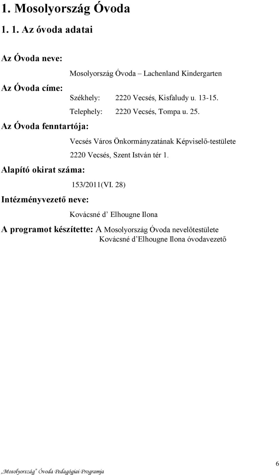 Óvoda Lachenland Kindergarten Székhely: 2220 Vecsés, Kisfaludy u. 13-15. Telephely: 2220 Vecsés, Tompa u. 25.