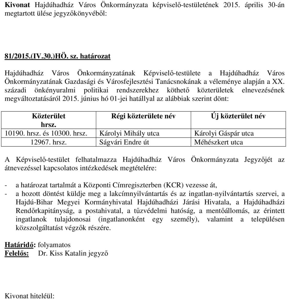 június hó 01-jei hatállyal az alábbiak szerint dönt: Közterület Régi közterülete név Új közterület név hrsz.