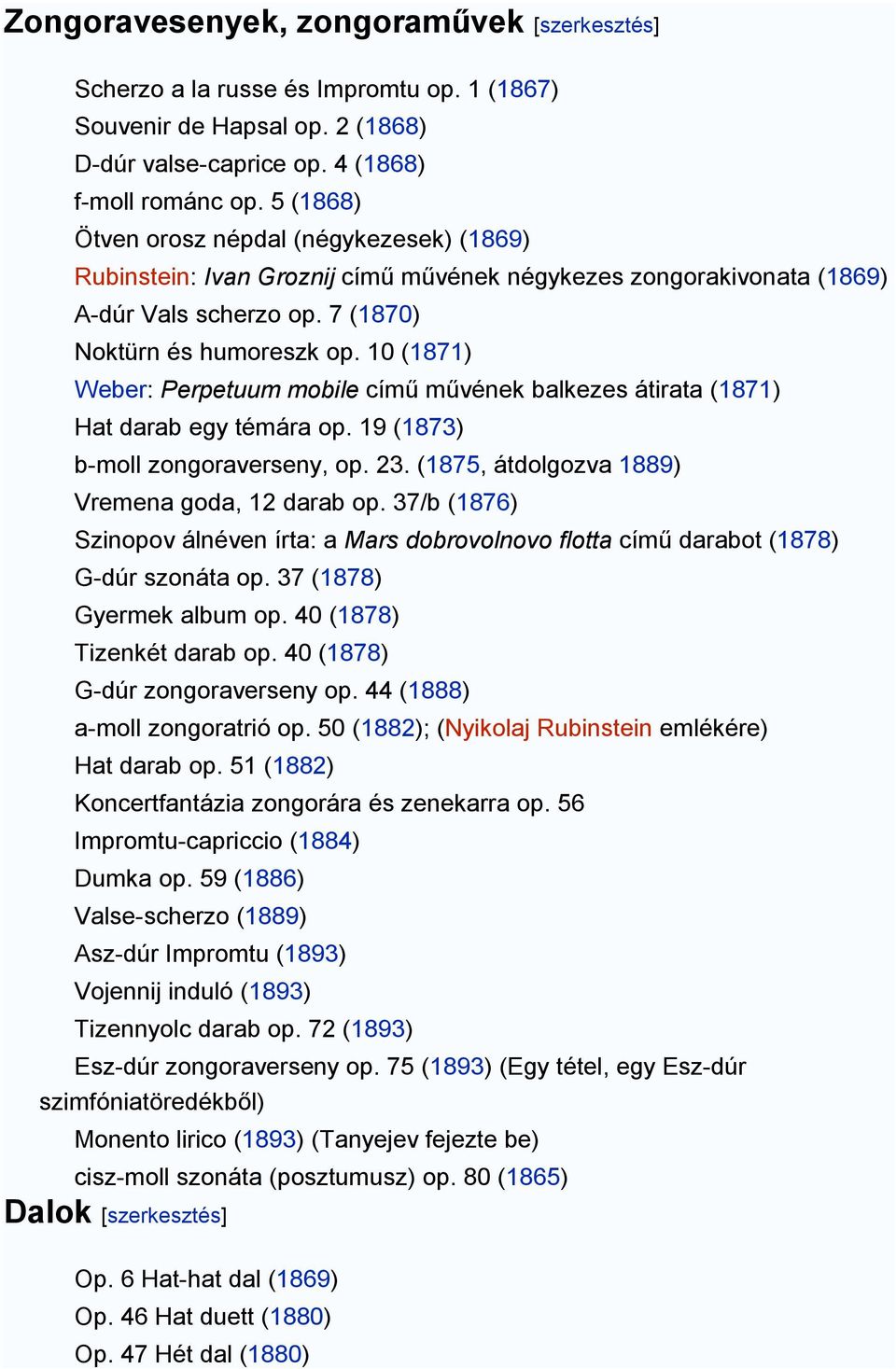 10 (1871) Weber: Perpetuum mobile című művének balkezes átirata (1871) Hat darab egy témára op. 19 (1873) b-moll zongoraverseny, op. 23. (1875, átdolgozva 1889) Vremena goda, 12 darab op.