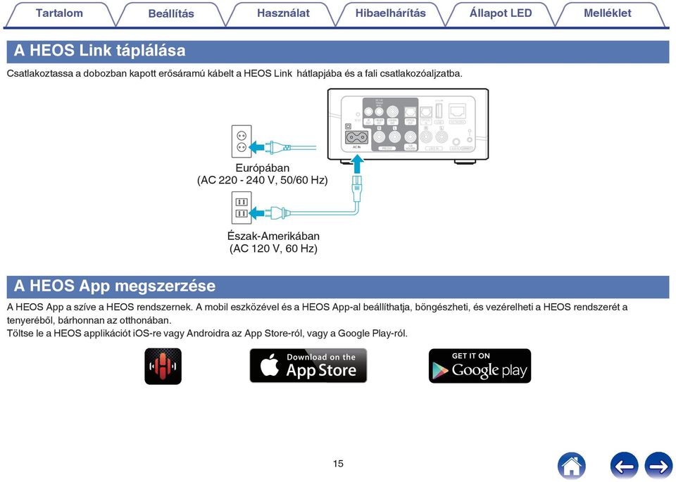 50/60 Hz) Észak-Amerikában (AC 120 V, 60 Hz) A HEOS App megszerzése A HEOS App a szíve a HEOS rendszernek A mobil eszközével és a HEOS App-al beállíthatja,