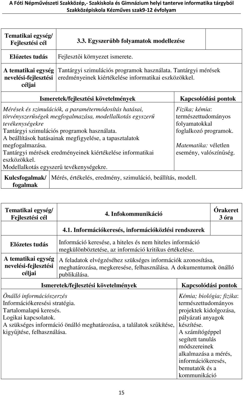 A beállítások hatásainak megfigyelése, a tapasztalatok megfogalmazása. Tantárgyi mérések eredményeinek kiértékelése informatikai eszközökkel. Modellalkotás egyszerű tevékenységekre.