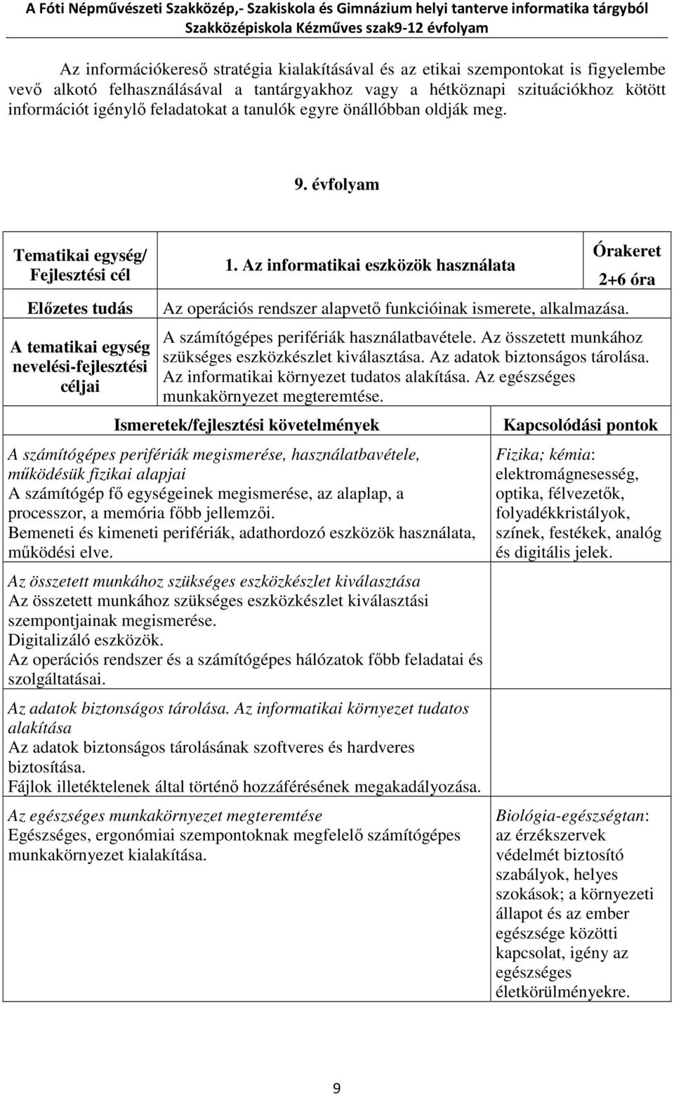 A számítógépes perifériák használatbavétele. Az összetett munkához szükséges eszközkészlet kiválasztása. Az adatok biztonságos tárolása. Az informatikai környezet tudatos alakítása.