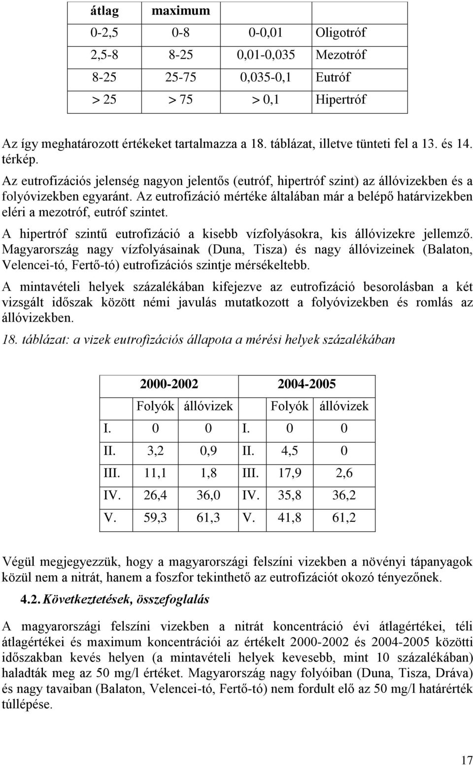 Az eutrofizáció mértéke általában már a belépő határvizekben eléri a mezotróf, eutróf szintet. A hipertróf szintű eutrofizáció a kisebb vízfolyásokra, kis állóvizekre jellemző.