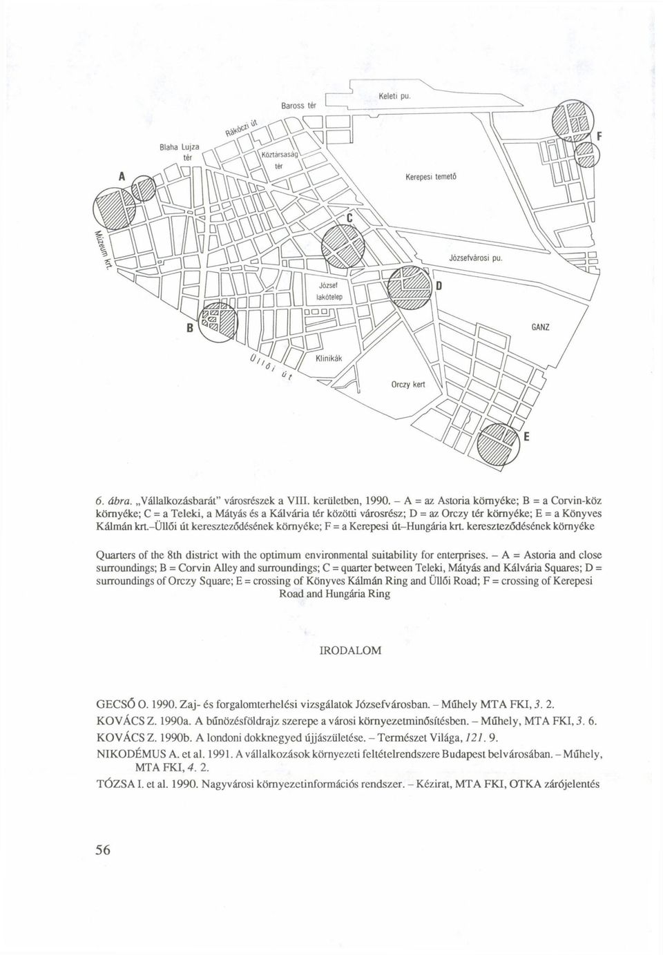 környéke; F = a Kerepesi út-hungária krt. kereszteződésének környéke Quarters of the 8th district with the optimum environmental suitability for enterprises.