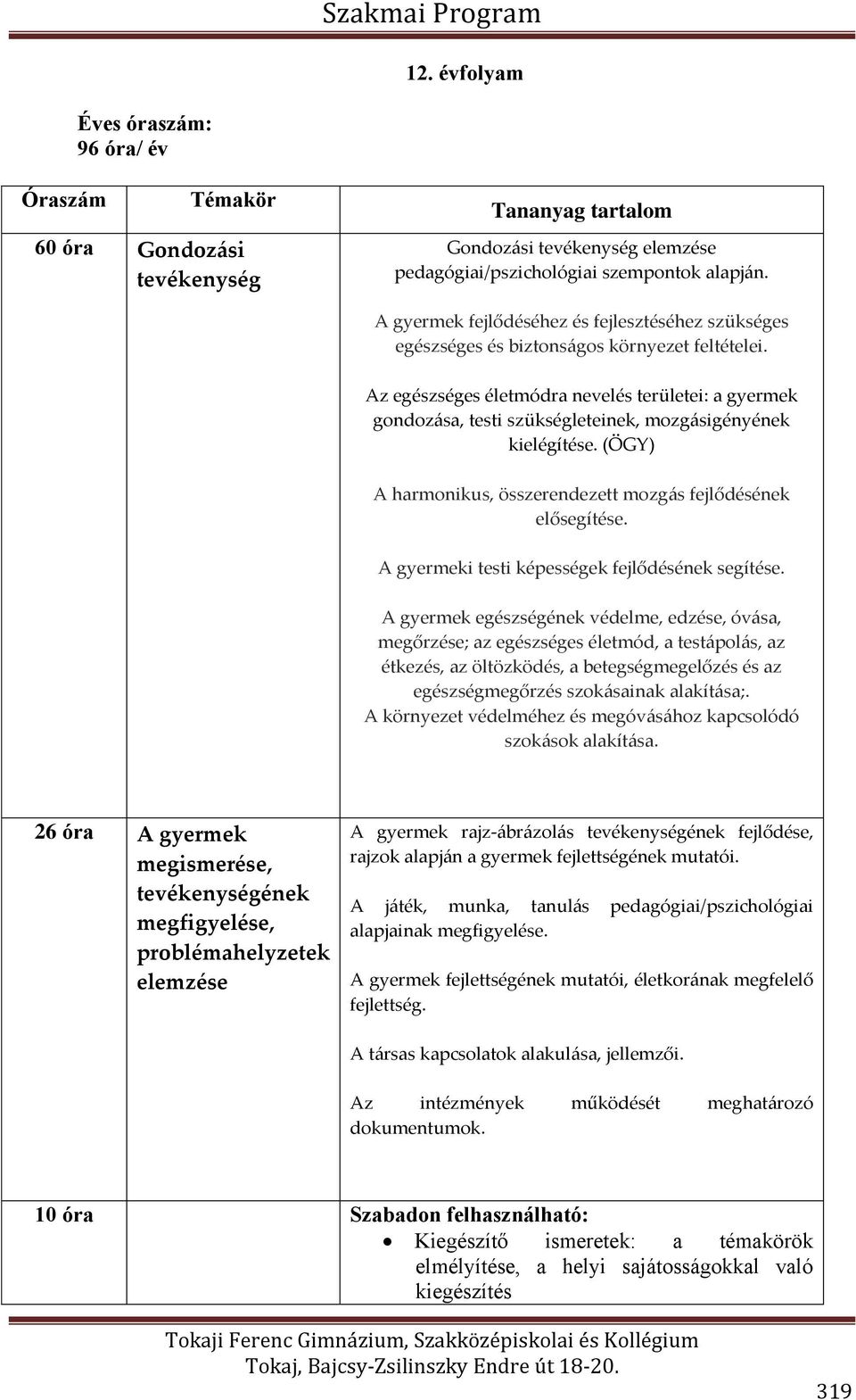 Az egészséges életmódra nevelés területei: a gyermek gondozása, testi szükségleteinek, mozgásigényének kielégítése. (ÖGY) A harmonikus, összerendezett mozgás fejlődésének elősegítése.