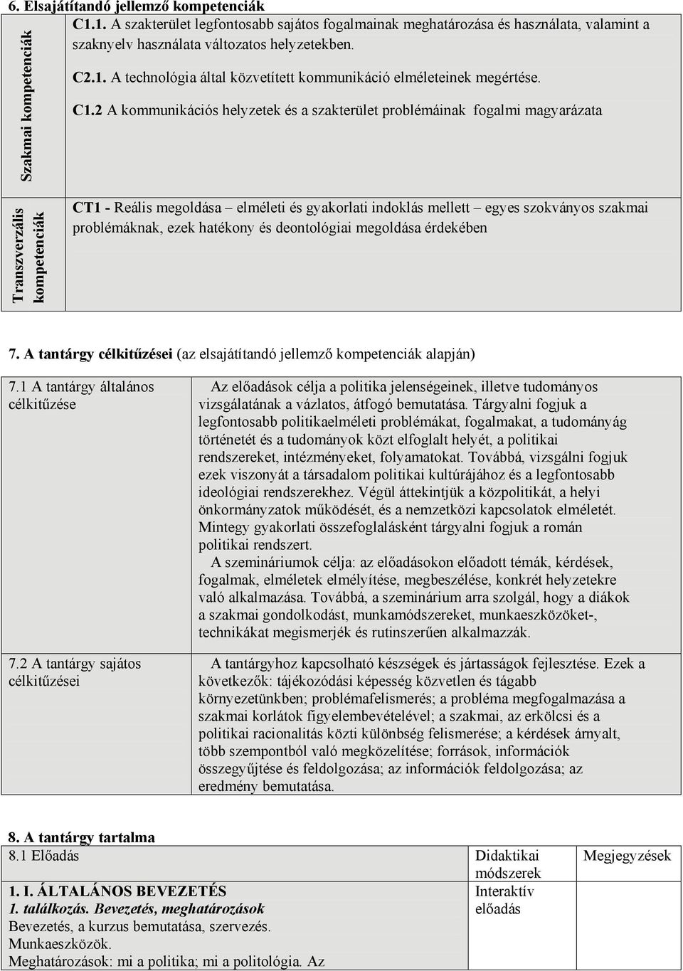 2 A kommunikációs helyzetek és a szakterület problémáinak fogalmi magyarázata Transzverzális kompetenciák CT1 - Reális megoldása elméleti és gyakorlati indoklás mellett egyes szokványos szakmai