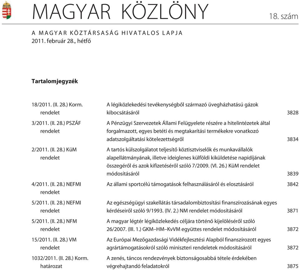 határozat A légiközlekedési tevékenységbõl származó üvegházhatású gázok kibocsátásáról 3828 A Pénzügyi Szervezetek Állami Felügyelete részére a hitelintézetek által forgalmazott, egyes betéti és