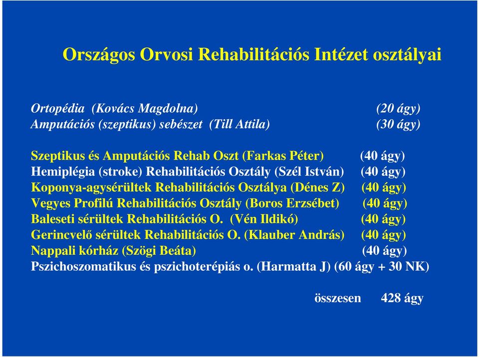 (Dénes Z) (40 ágy) Vegyes Profilú Rehabilitációs Osztály (Boros Erzsébet) (40 ágy) Baleseti sérültek Rehabilitációs O.