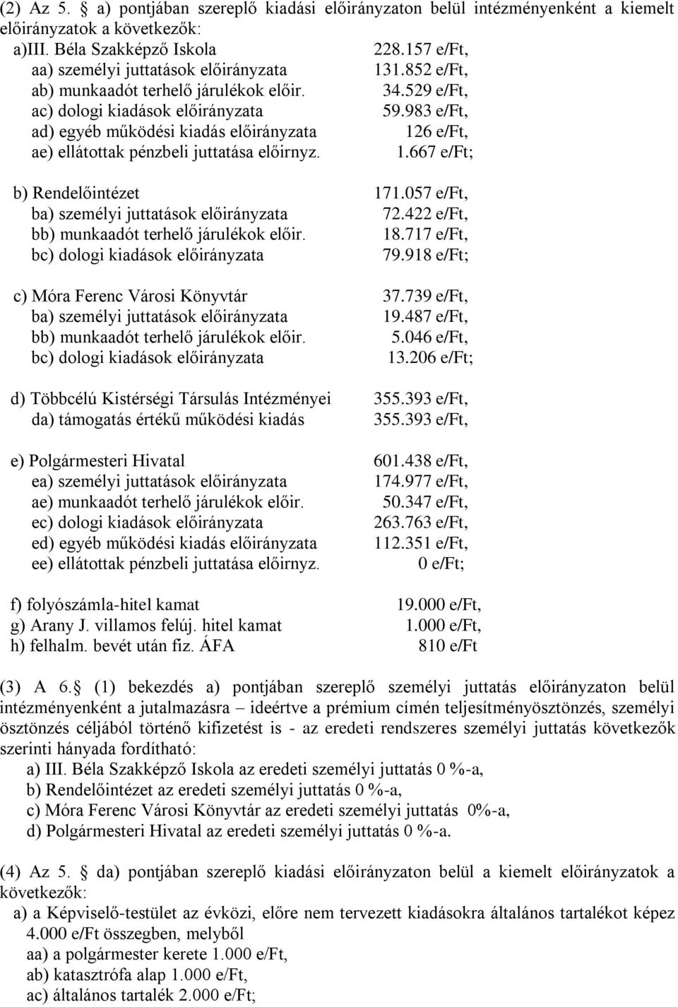 1.667 e/ft; b) Rendelőintézet 171.057 e/ft, ba) személyi juttatások előirányzata 72.422 e/ft, bb) munkaadót terhelő járulékok előir. 18.717 e/ft, bc) dologi kiadások előirányzata 79.