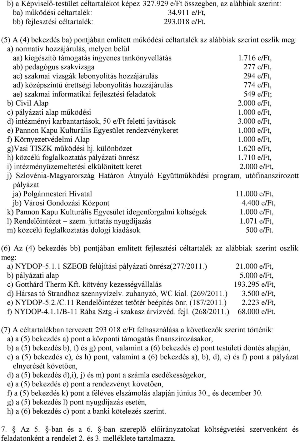 716 e/ft, ab) pedagógus szakvizsga 277 e/ft, ac) szakmai vizsgák lebonyolítás hozzájárulás 294 e/ft, ad) középszintű érettségi lebonyolítás hozzájárulás 774 e/ft, ae) szakmai informatikai fejlesztési