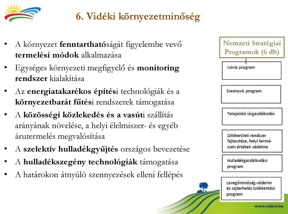 közlekedés és a vasúti szállítás arányának növelése, a helyi élelmiszer- és egyéb árutermelés megvalósítása A szelektív hulladékgyűjtés