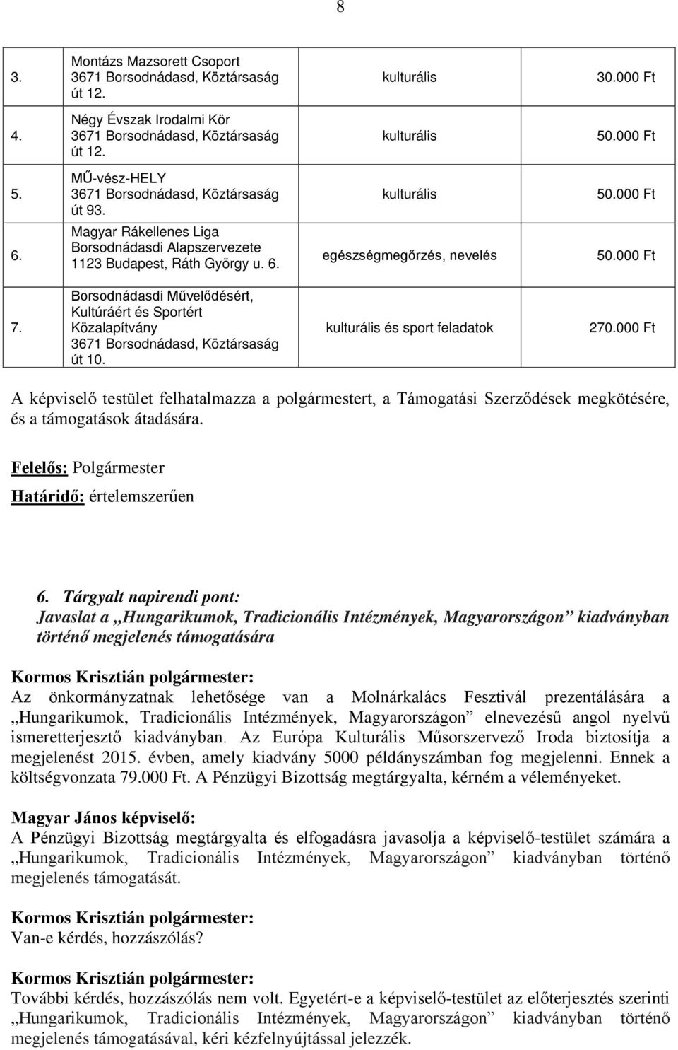 Borsodnádasdi Művelődésért, Kultúráért és Sportért Közalapítvány 3671 Borsodnádasd, Köztársaság út 10. kulturális és sport feladatok 270.