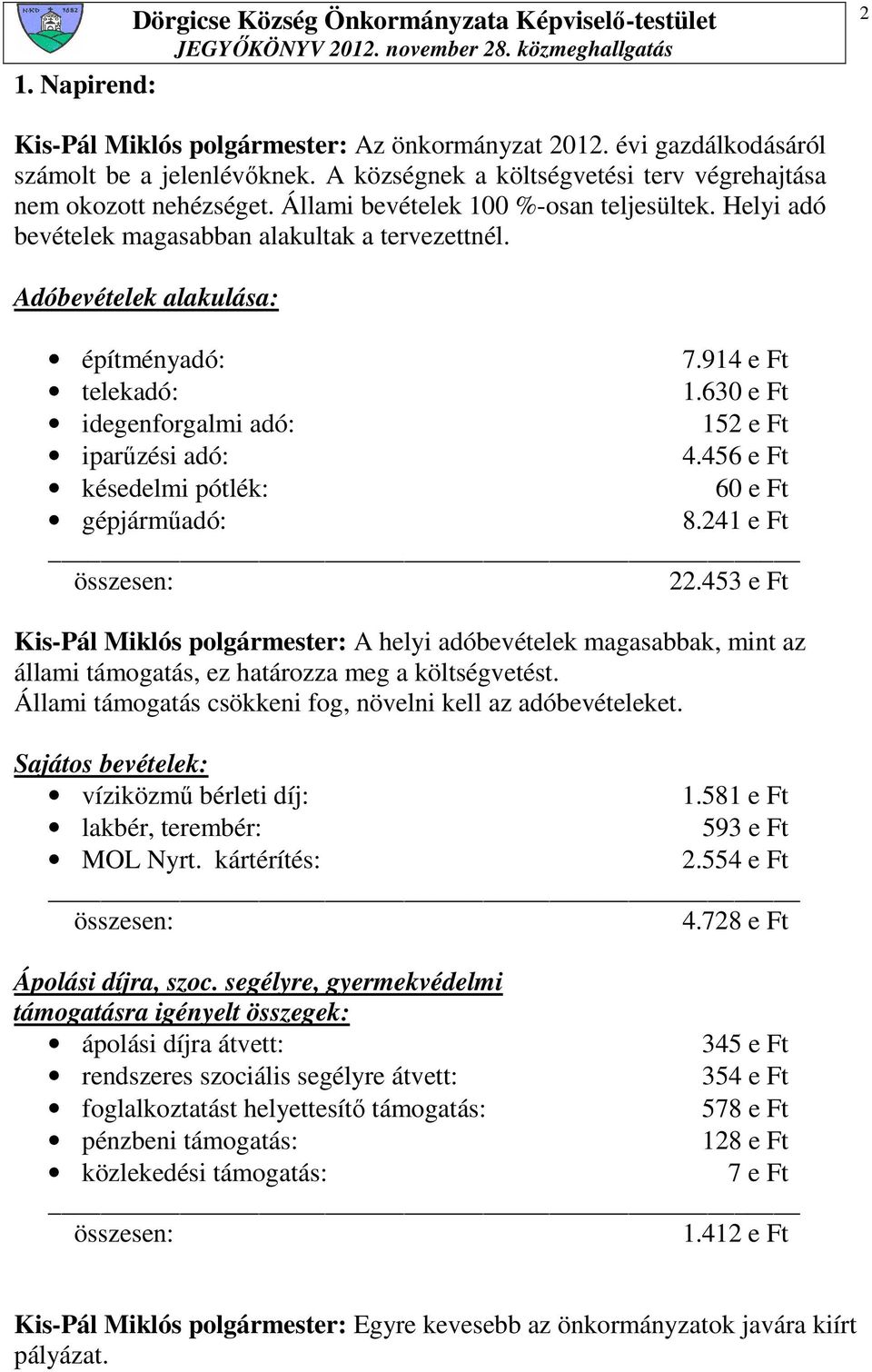 630 e Ft idegenforgalmi adó: 152 e Ft iparőzési adó: 4.456 e Ft késedelmi pótlék: 60 e Ft gépjármőadó: 8.241 e Ft összesen: 22.