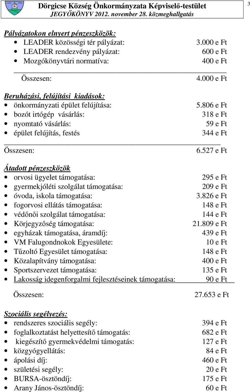 527 e Ft Átadott pénzeszközök orvosi ügyelet támogatása: gyermekjóléti szolgálat támogatása: óvoda, iskola támogatása: fogorvosi ellátás támogatása: védınıi szolgálat támogatása: Körjegyzıség