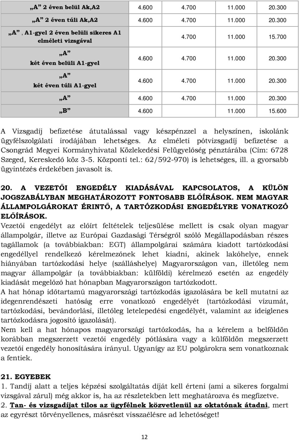 Az elméleti pótvizsgadíj befizetése a Csongrád Megyei Kormányhivatal Közlekedési Felügyelőség pénztárába (Cím: 6728 Szeged, Kereskedő köz 3-5. Központi tel.: 62/592-970) is lehetséges, ill.