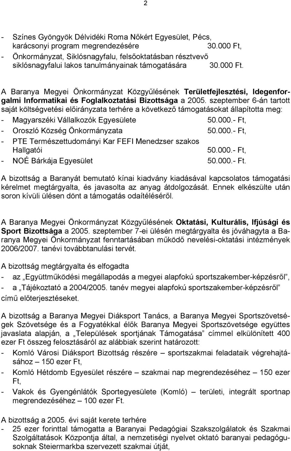 szeptember 6-án tartott saját költségvetési előirányzata terhére a következő támogatásokat állapította meg: - Magyarszéki Vállalkozók Egyesülete 50.000.