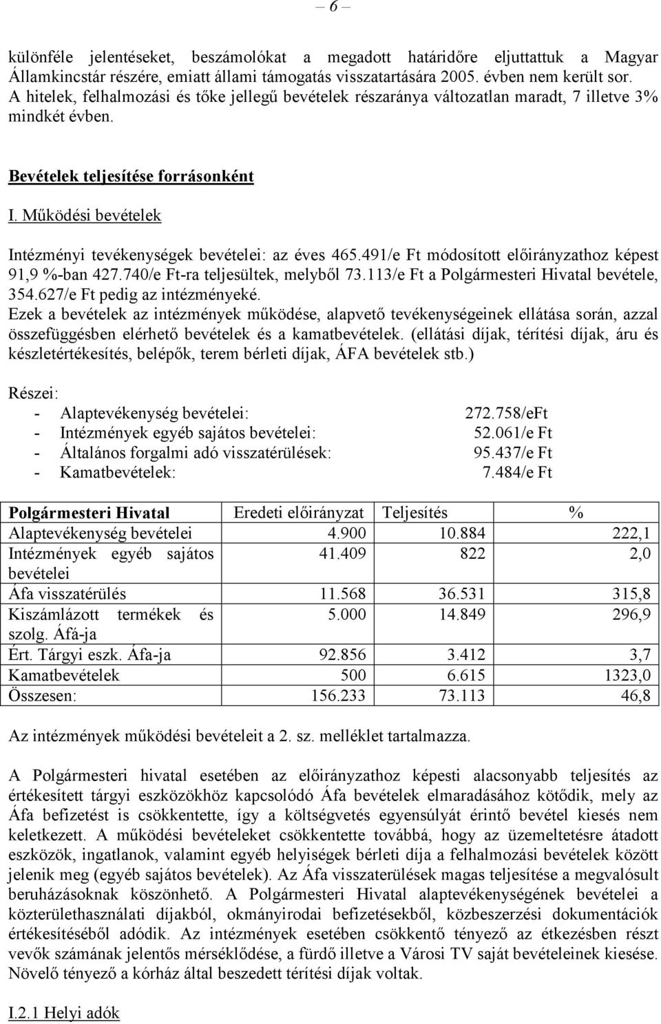 Működési bevételek Intézményi tevékenységek bevételei: az éves 465.491/e Ft módosított előirányzathoz képest 91,9 %-ban 427.740/e Ft-ra teljesültek, melyből 73.