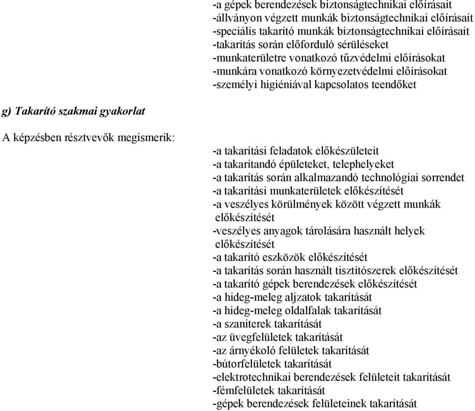 feladatok előkészületeit -a takarítandó épületeket, telephelyeket -a takarítás során alkalmazandó technológiai sorrendet -a takarítási munkaterületek előkészítését -a veszélyes körülmények között