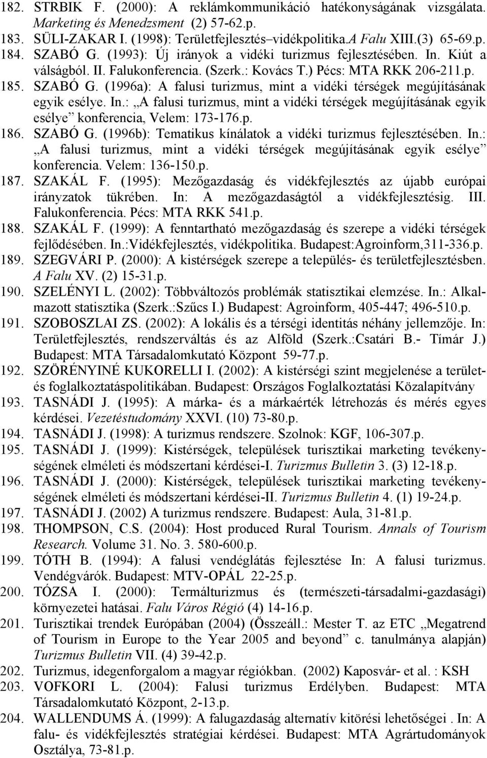 (1996a): A falusi turizmus, mint a vidéki térségek megújításának egyik esélye. In.: A falusi turizmus, mint a vidéki térségek megújításának egyik esélye konferencia, Velem: 173-176.p. 186. SZABÓ G.