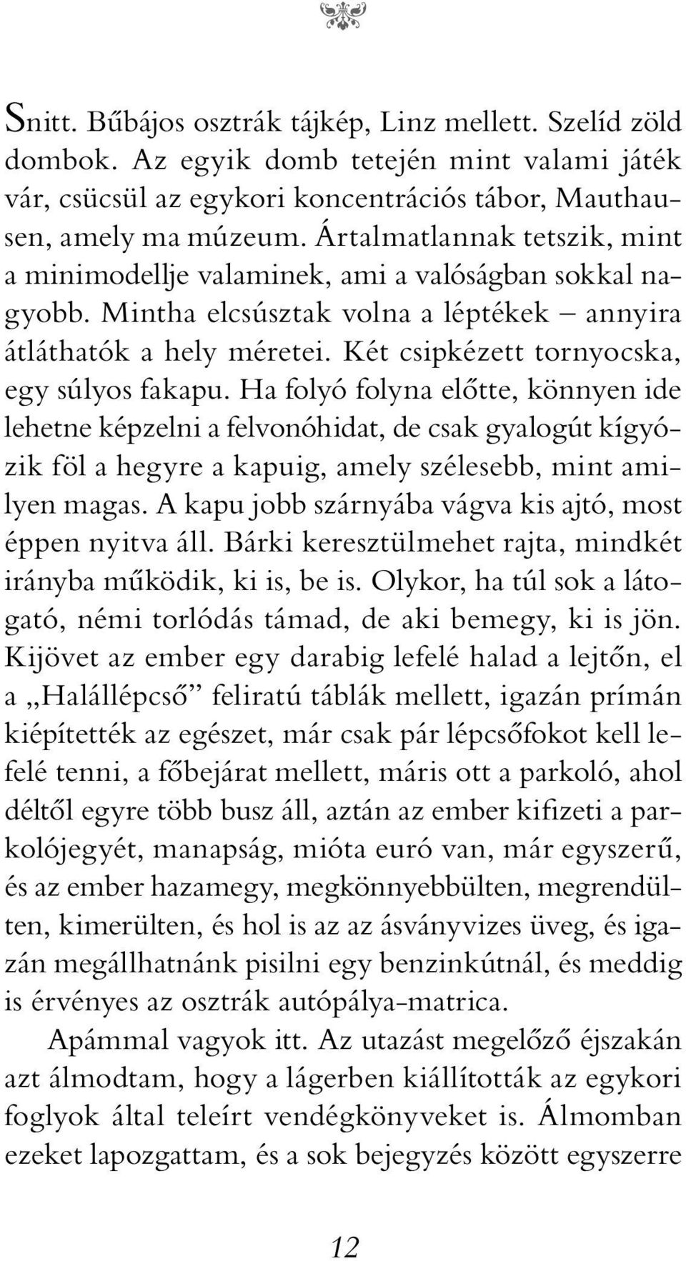 Két csipkézett tornyocska, egy súlyos fakapu. Ha folyó folyna előtte, könnyen ide lehetne képzelni a felvonóhidat, de csak gyalogút kígyózik föl a hegyre a kapuig, amely szélesebb, mint amilyen magas.