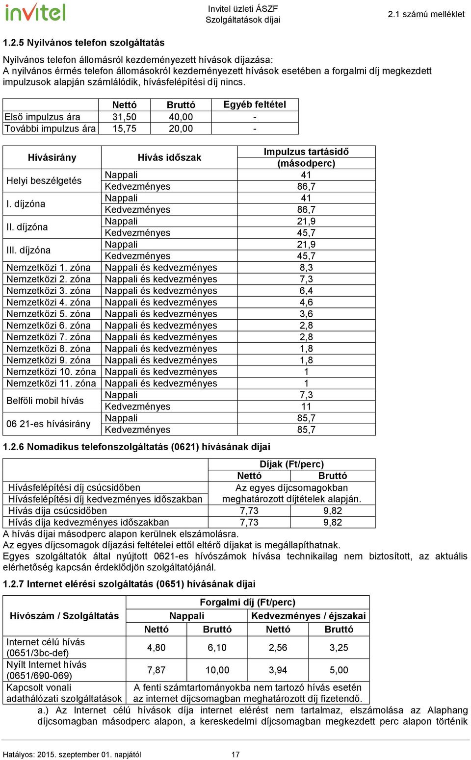 Egyéb feltétel Első impulzus ára 31,50 40,00 - További impulzus ára 15,75 20,00 - Hívásirány Hívás időszak Impulzus tartásidő (másodperc) Helyi beszélgetés Nappali 41 Kedvezményes 86,7 I.