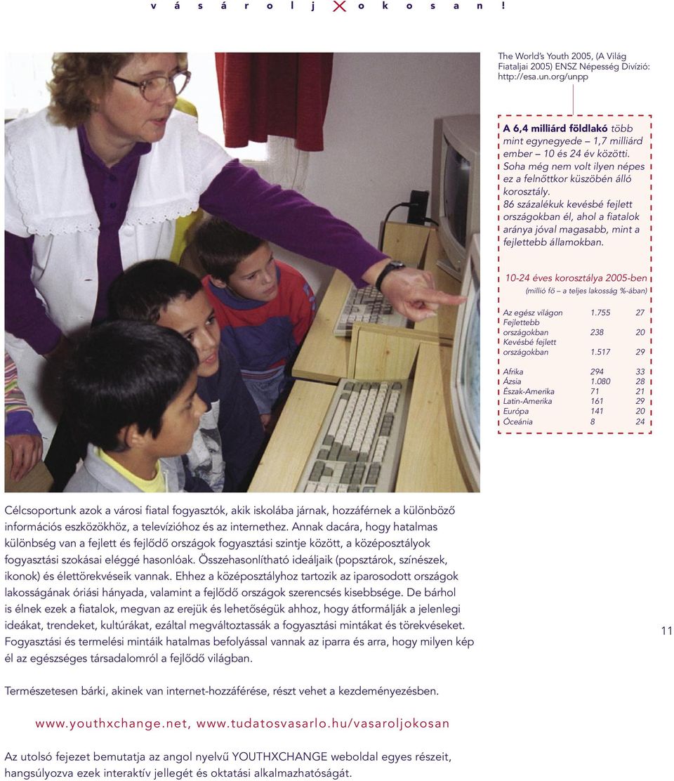 10-24 éves korosztálya 2005-ben (millió fô a teljes lakosság %-ában) Az egész világon 1.755 27 Fejlettebb országokban 238 20 Kevésbé fejlett országokban 1.517 29 Afrika 294 33 Ázsia 1.