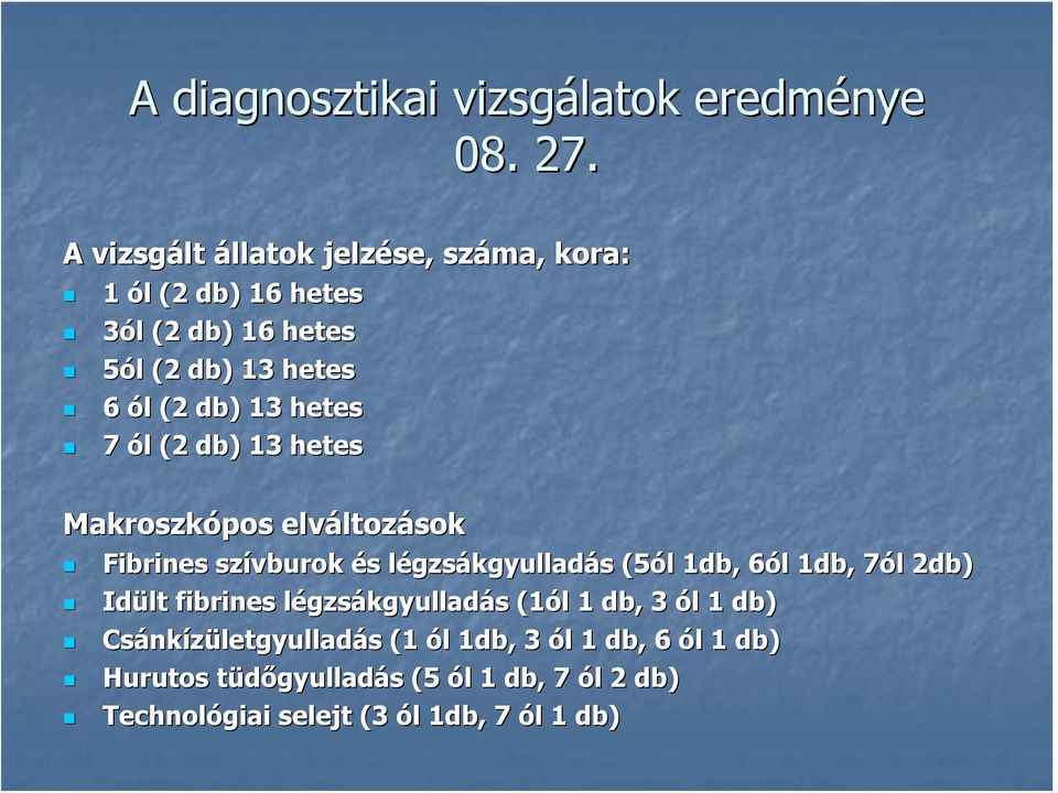 db) 13 hetes 7 ól (2 db) 13 hetes Makroszkópos elváltozások Fibrines szívburok és légzsákgyulladás (5ól 1db,