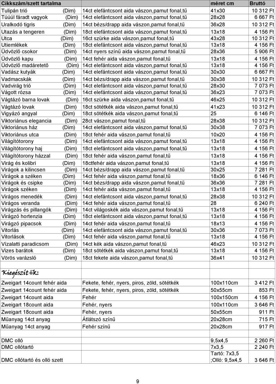 312 Ft Utiemlékek (Dim) 18ct elefántcsont aida vászon,pamut fonal,tő 13x18 4 156 Ft Üdvözlı csokor (Dim) 14ct nyers színő aida vászon,pamut fonal,tő 28x36 5 906 Ft Üdvözlı kapu (Dim) 14ct fehér aida