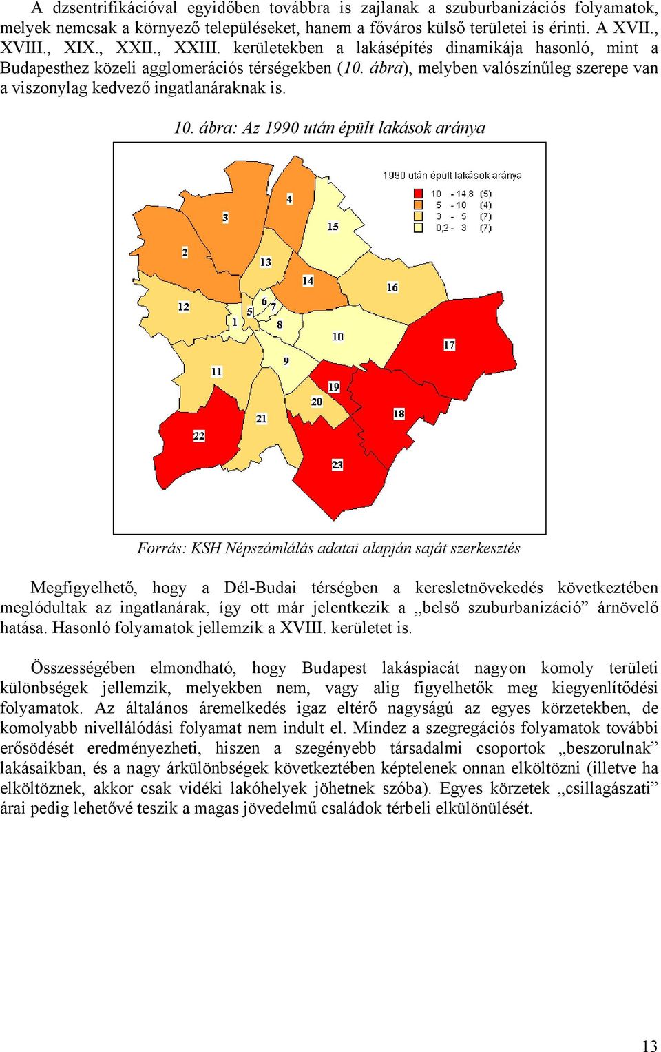 ábra: Az 1990 után épült lakások aránya Forrás: KSH Népszámlálás adatai alapján saját szerkesztés Megfigyelhető, hogy a Dél-Budai térségben a keresletnövekedés következtében meglódultak az