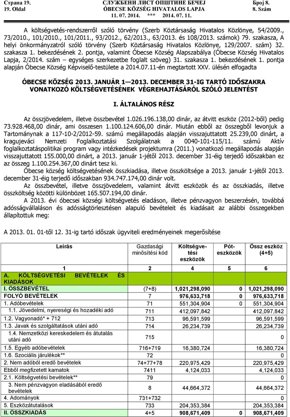 bekezdésének 2. pontja, valamint Óbecse Község Alapszabálya (Óbecse Község Hivatalos Lapja, 2/214. szám egységes szerkezetbe foglalt szöveg) 31. szakasza 1. bekezdésének 1.