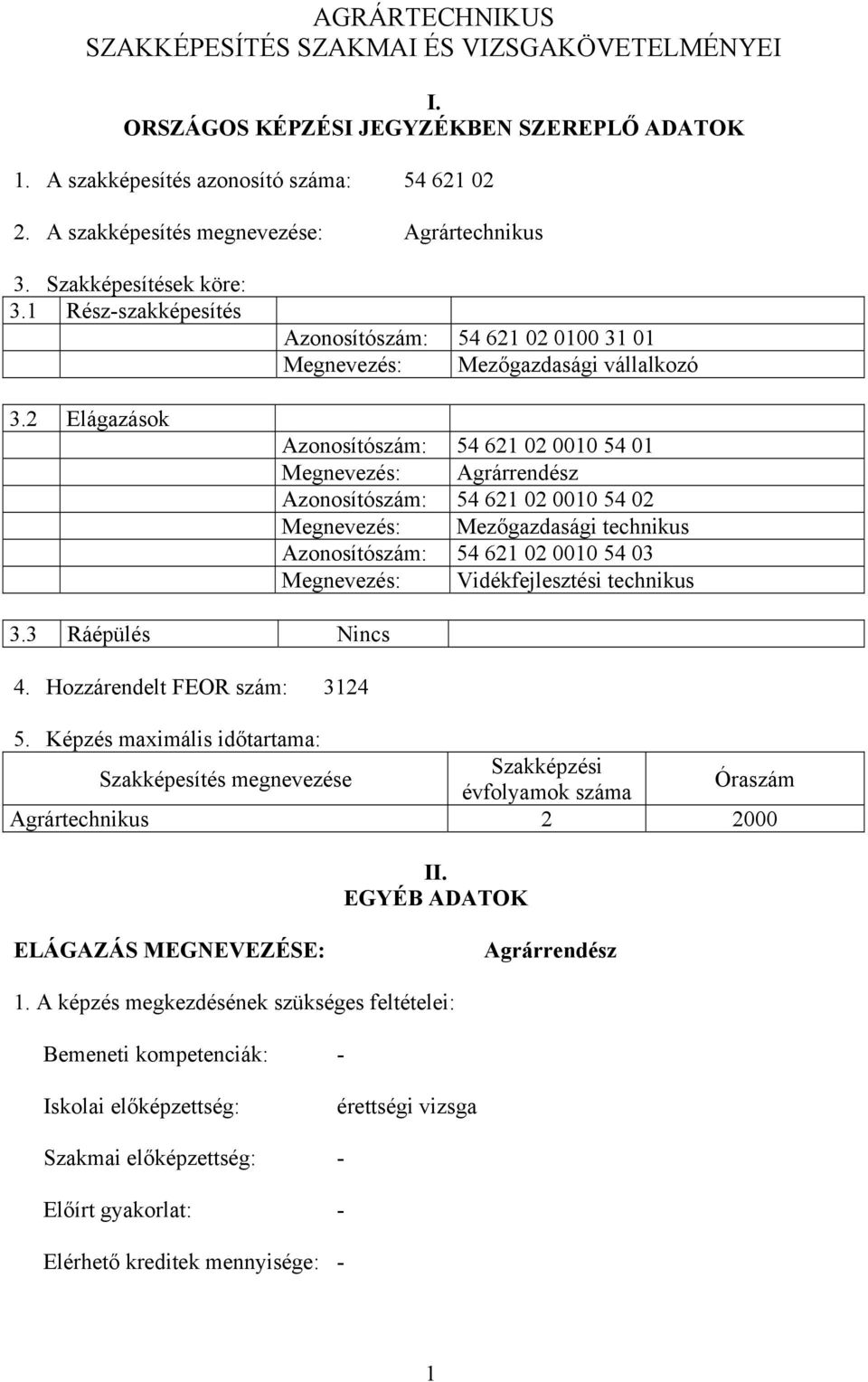 2 Elágazások zonosítószám: 54 621 02 0100 31 01 Megnevezés: Mezőgazdasági vállalkozó zonosítószám: 54 621 02 0010 54 01 Megnevezés: grárrendész zonosítószám: 54 621 02 0010 54 02 Megnevezés: