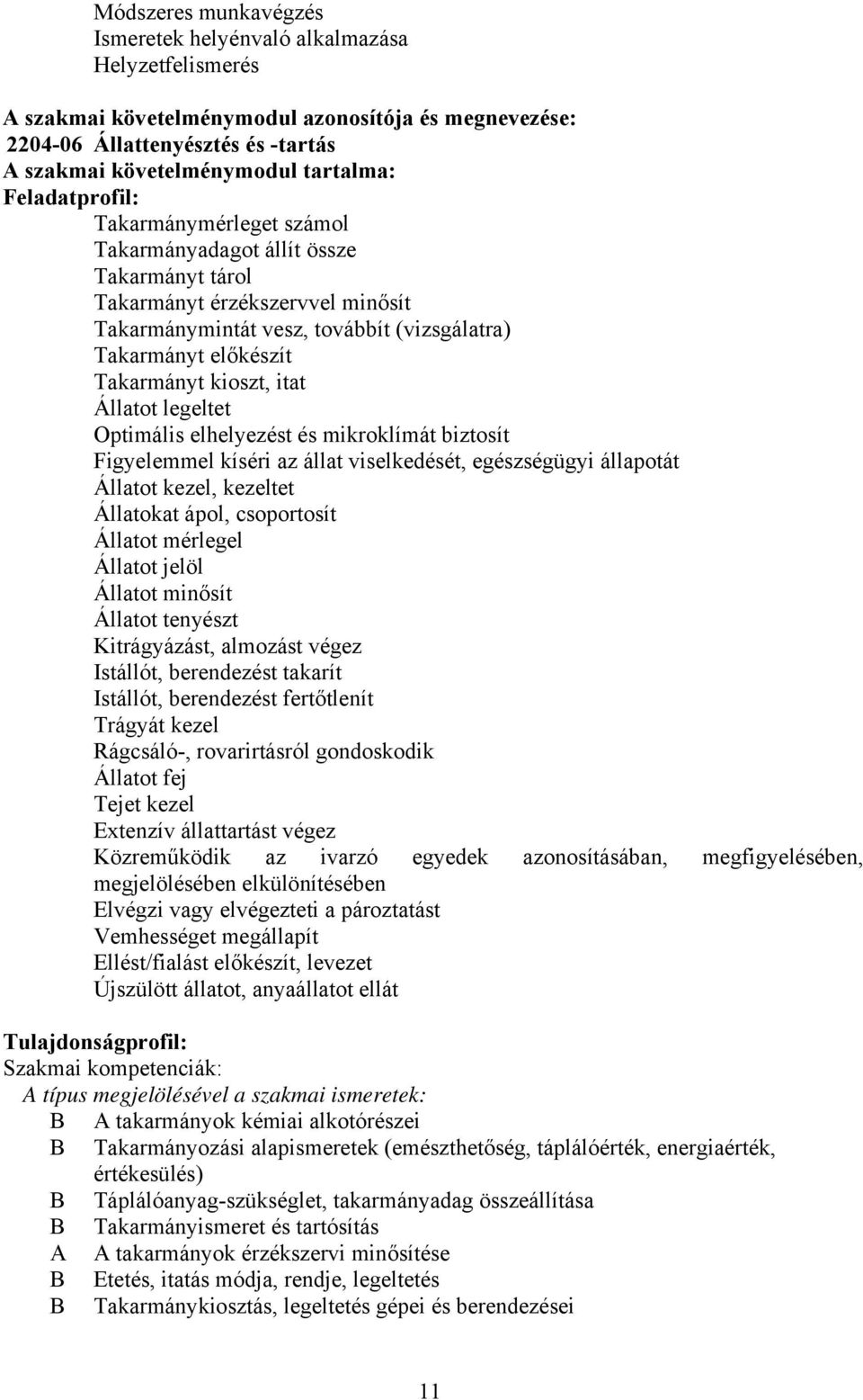 kioszt, itat Állatot legeltet Optimális elhelyezést és mikroklímát biztosít Figyelemmel kíséri az állat viselkedését, egészségügyi állapotát Állatot kezel, kezeltet Állatokat ápol, csoportosít