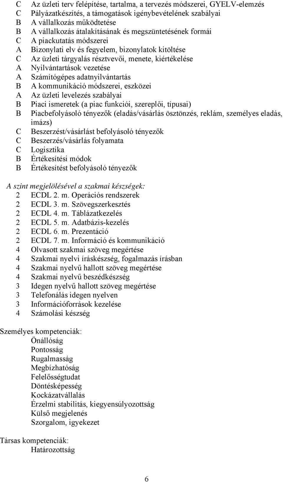 adatnyilvántartás kommunikáció módszerei, eszközei z üzleti levelezés szabályai Piaci ismeretek (a piac funkciói, szereplői, típusai) Piacbefolyásoló tényezők (eladás/vásárlás ösztönzés, reklám,