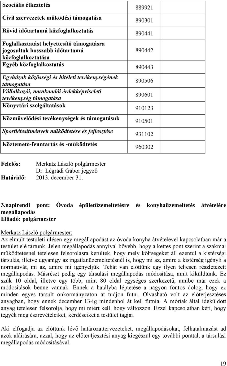 támogatásuk Sportlétesítmények működtetése és fejlesztése Köztemető-fenntartás és -működtetés 889921 890301 890441 890442 890443 890506 890601 910123 910501 931102 960302 Felelős: Merkatz László