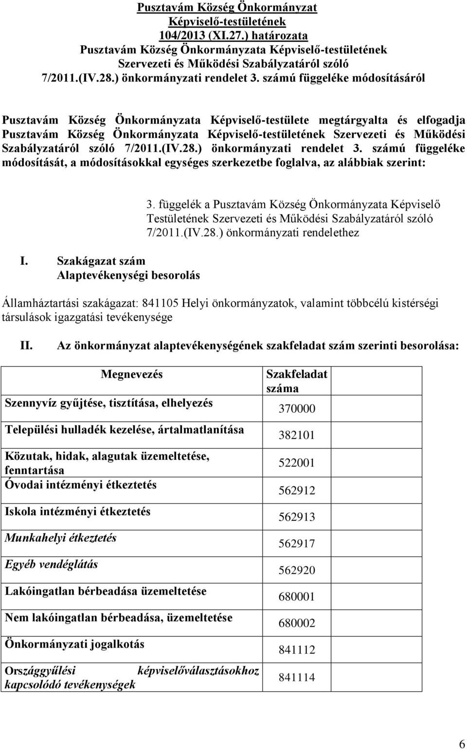 számú függeléke módosításáról Pusztavám Község Önkormányzata Képviselő-testülete megtárgyalta és elfogadja Pusztavám Község Önkormányzata Képviselő-testületének Szervezeti és Működési Szabályzatáról