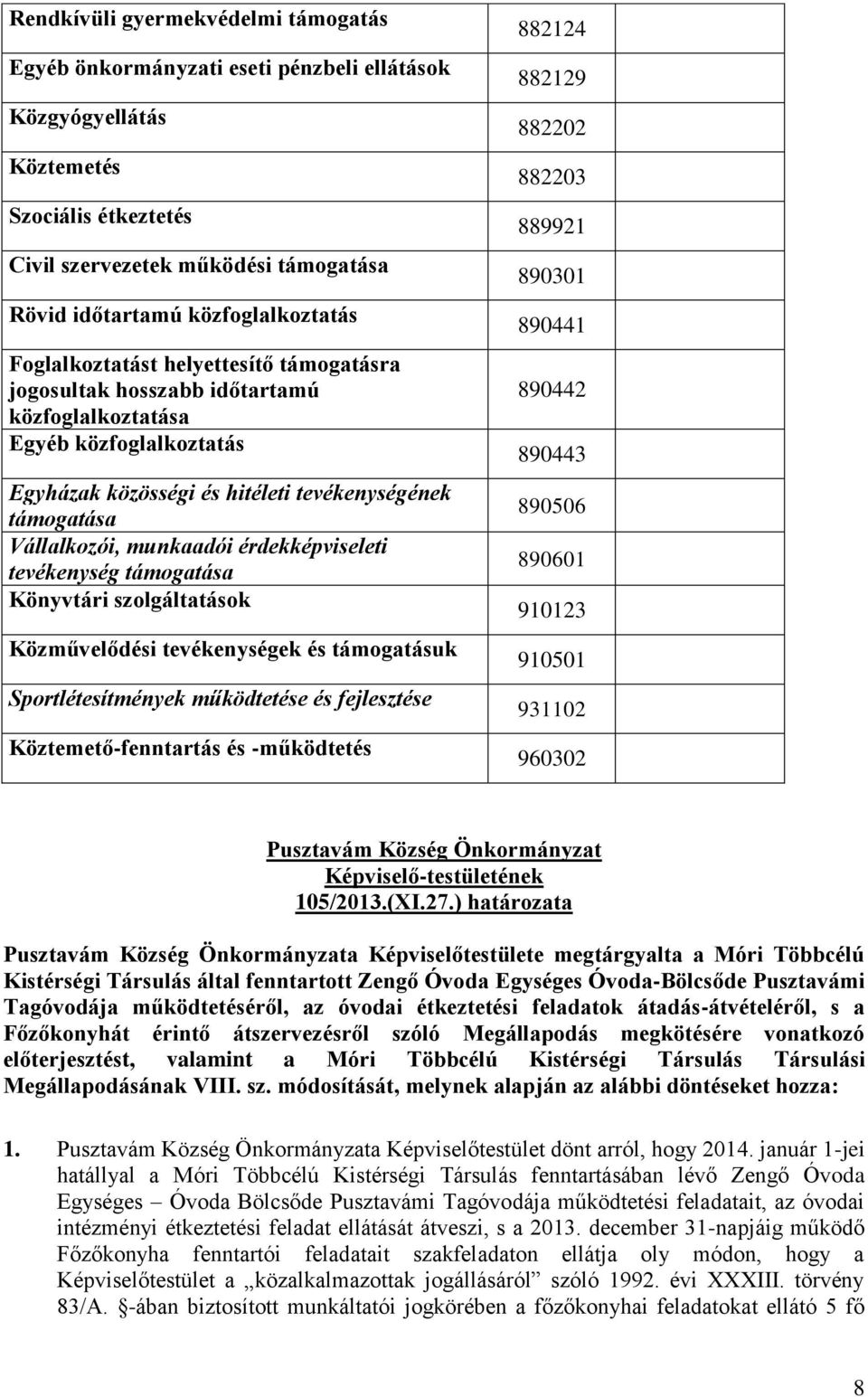 Vállalkozói, munkaadói érdekképviseleti tevékenység támogatása Könyvtári szolgáltatások Közművelődési tevékenységek és támogatásuk Sportlétesítmények működtetése és fejlesztése Köztemető-fenntartás