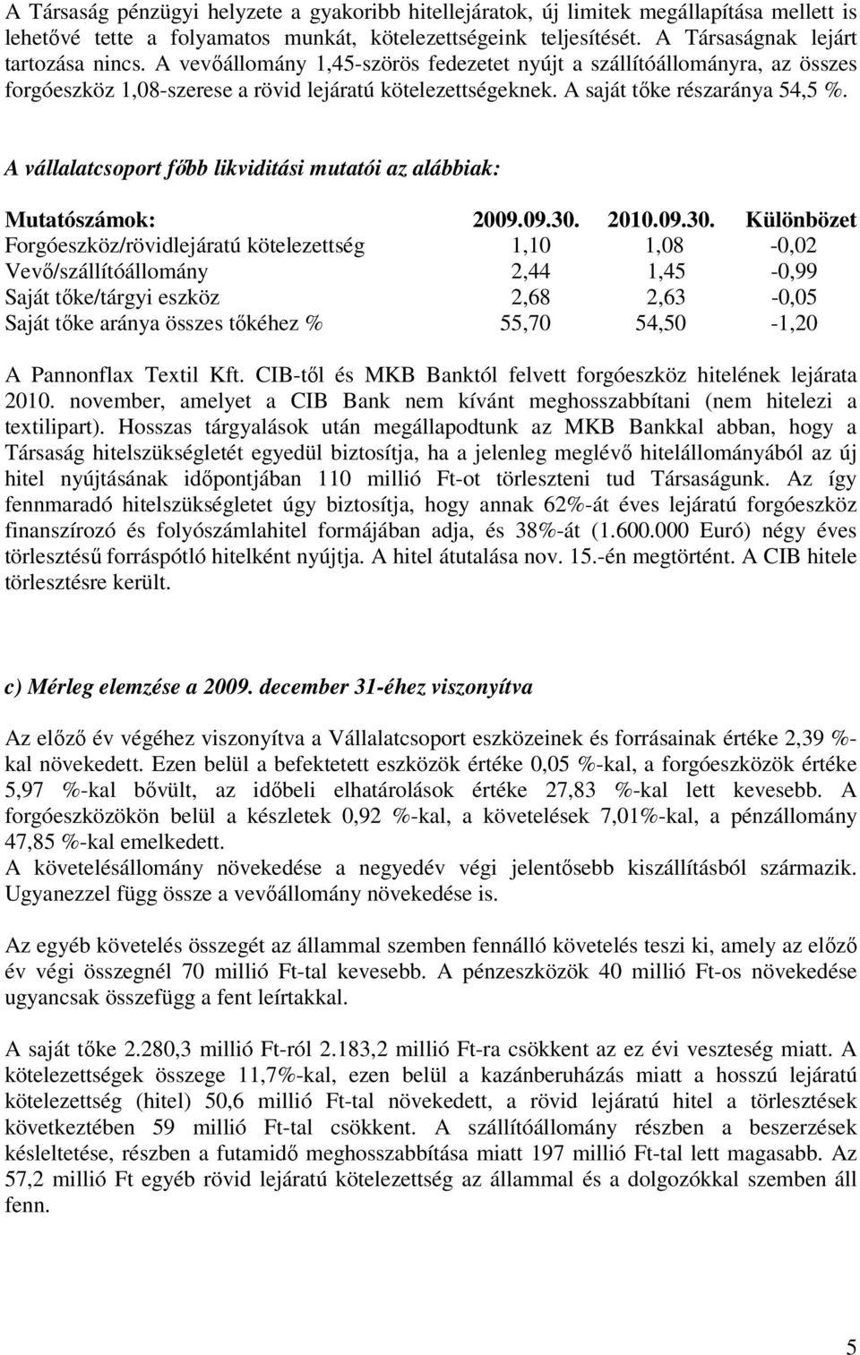 A vállalatcsoport főbb likviditási mutatói az alábbiak: Mutatószámok: 2009.09.30.