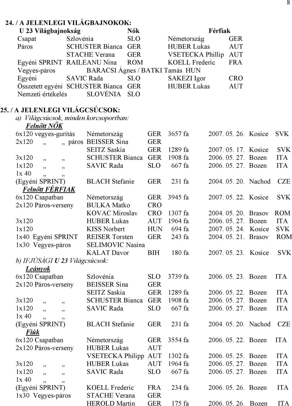 SLO 25. / A JELENLEGI VILÁGCSÚCSOK: a) Világcsúcsok, minden korcsoportban: Felnőtt NŐK 6x120 vegyes-gurítás Németország GER 3657 fa 2007. 05. 26.